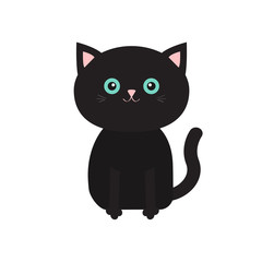 Cute sitting black cartoon cat with moustache whisker. Funny character. White background. Isolated. Flat design.