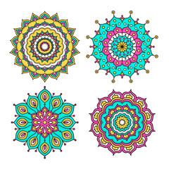 Set of colorful doodle mandalas. Circle lace ornament. Vector hand drawn ethnic floral pattern. Abstract tribal flowers set. Bright color elements on white background. - 121430088
