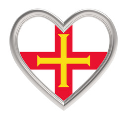 Guernsey flag in silver heart isolated on white background. 3D illustration.