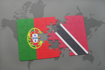 puzzle with the national flag of portugal and trinidad and tobago on a world map background.