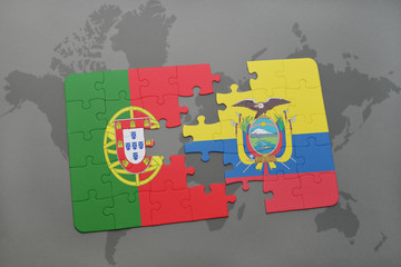 puzzle with the national flag of portugal and ecuador on a world map background.