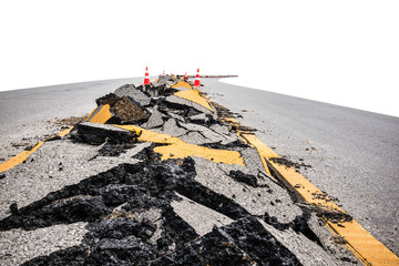 cracked asphalt road with marking lines and  orange-white stripe safty cones on white background,...