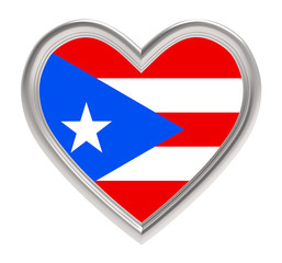Puerto Rico flag in silver heart isolated on white background. 3D illustration.