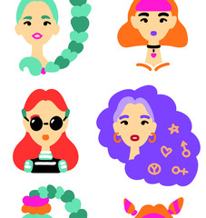 Beautiful women styled in 90s fashion. Seamless pattern. 90s fashion, make up, hair and accessories that became trendy again. Vector illustration eps 10