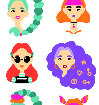 Beautiful Women Styled In 90s Fashion. Seamless Pattern. 90s Fashion, Make Up, Hair And Accessories That Became Trendy Again. Vector Illustration Eps 10