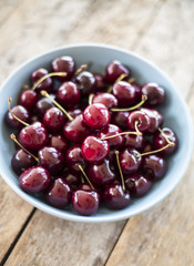 Red cherries in antique bowl