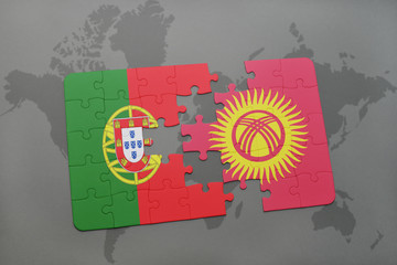 puzzle with the national flag of portugal and kyrgyzstan on a world map background.