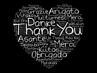 Thank You Love Heart Word Cloud in different languages, concept background