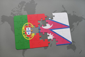 puzzle with the national flag of portugal and nepal on a world map background.
