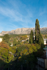 Fototapeta na wymiar Alupka, Crimea, autumn 2013: view of the mountain Ay-Petri