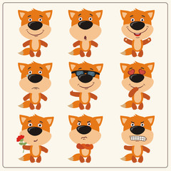 Vector set isolated emotion fox. Collection cute fox in cartoon style.