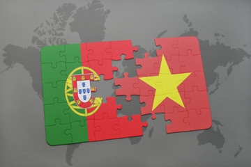 puzzle with the national flag of portugal and vietnam on a world map background.
