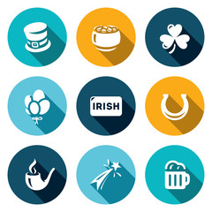 Vector Set of Ireland Icons. Irish country. Cylinder, Pot Gold, Clover, Balloons, Horseshoe, Pipe, Fireworks, Beer.