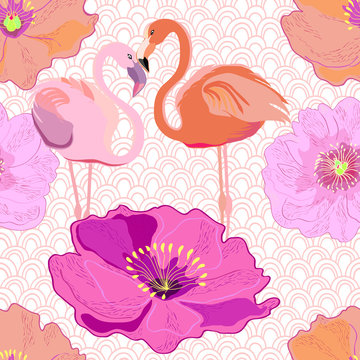 Seamless pattern with flamingos and peonies. Wallpaper, print, background. Vector.