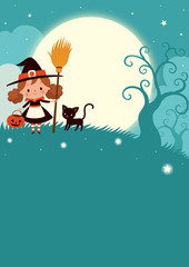 Halloween full moon night background with cute witch and black cat.