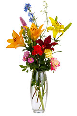 Blooming bouquet of flowers in a transparent vase with water. Is