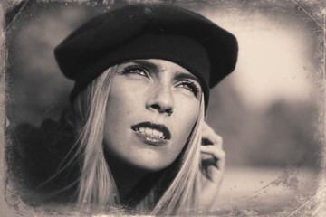 Image with old style portrait of blond woman