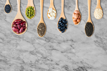 Group of colorful various beans or lentils and whole grains seed