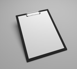 Black 3d illustration clipboard with blank white sheet attached