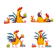 Fototapeta premium Happy new year 2017 rooster set. Vector illustration with rooster and gifts isolated on white background.