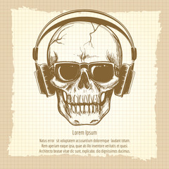 Drawing skull sketch with headphones vintage vector illustration