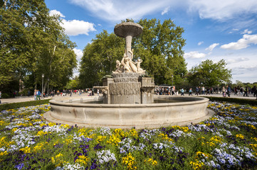 Sculptural group in the Pond turtle Fountain, Retiro Park, Madrid, Spain, on April 19, 2015. It was...