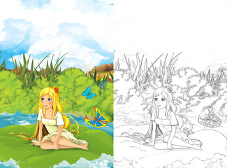 Obraz na płótnie Canvas Cartoon fairy tale scene with a young little girl on a leaf - illustration for children
