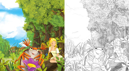 Cartoon fairy tale scene with a young little girl on a leaf and happy frog on shore - illustration for children