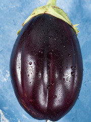 Purple eggplant on blue background. Closeup