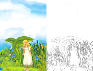 Cartoon fairy tale scene with a young little girl under the leaf on the meadow - illustration for children