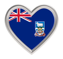 Falkland Islands flag in silver heart isolated on white background. 3D illustration.