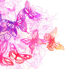 Fototapeta na wymiar Amazing background with butterflies and flowers painted with wat
