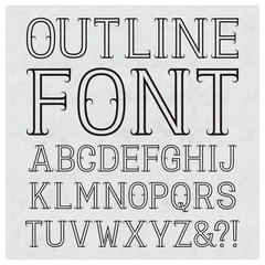 Outline font with flourishes. Black capital letters on a gray textured background. Isolated latin alphabet.
