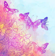 Fototapeta premium Amazing background with butterflies and flowers painted with wat