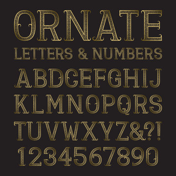 Golden ornate capital letters and numbers with tendrils. Decorative patterned vintage font. Isolated latin alphabet with figures.