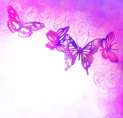 Fototapeta na wymiar Amazing background with butterflies and flowers painted with watercolors