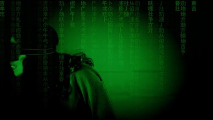 A pretty woman wearing a virtual reality headset and wired gloves, having a wow experience inside a VR world. Matrix-style sci-fi fx (falling text, code rain).
 - Powered by Adobe