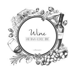 Vector hand drawn illustration of wine and apetizers. Round border composition. - 121443050