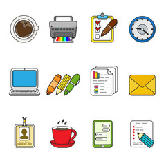 Vector business icons set. Color outlined icon collection. Laptop, printer, smartphone, printer, badge, documents, coffee cup, watch, graphics, tablet, messages, pen, pencil, marker.