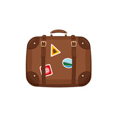 Travel bag suitcase with stickers on isolated white background. Summer travel handle luggage. Traveling equipment. Flat vector icon illustration.