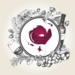 Vector hand drawn illustration of wine and apetizers. Round border composition.