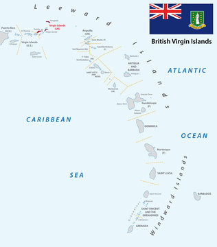 lesser antilles outline map british virgin islands with flag