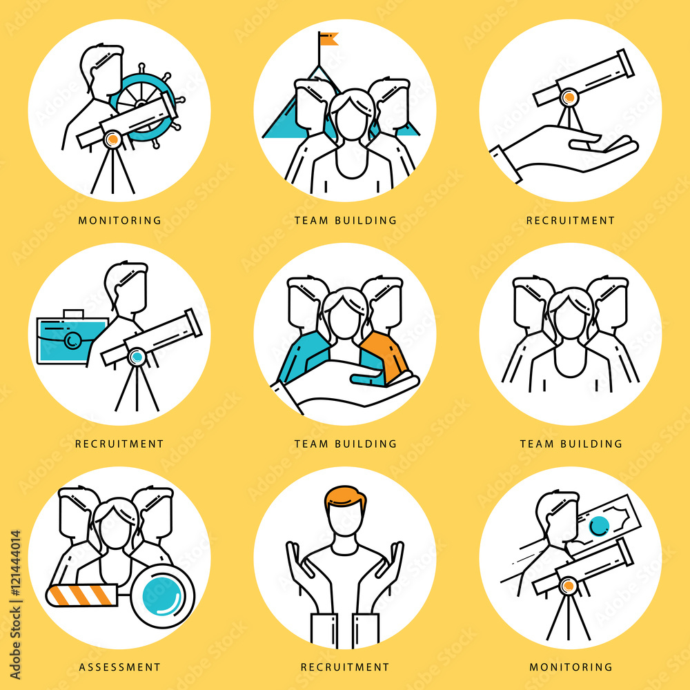 Poster stroke line icons set for job recruitment and evaluation. corporate management flat linear pictogram