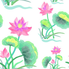 Floral seamless pattern with stylized aquatic plants like lotus flowers or water lilies. Vector design in watercolor style made from hand drawn illustration. Pink and purple blossoms, green leaves.