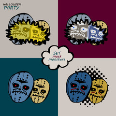 Halloween monster. Drawing on the party, poster, banner. Evil mask. Print T-shirt. Set of vector illustration. Pop background, grunge frame