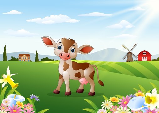 Cartoon cow in rural landscape with blooming flowers