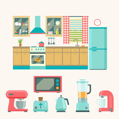 Kitchen interior design.Set of elements:refrigerator, stove, microwave,cupboards,coffee machine, toaster, blender. Vector flat illustration