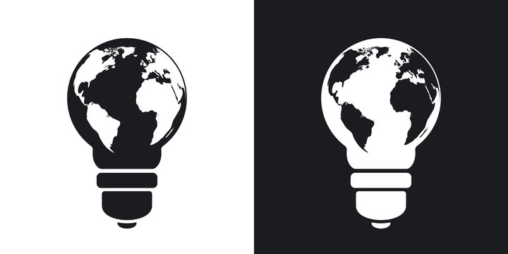 Vector light bulb icon with world map. Two-tone version on black and white background
