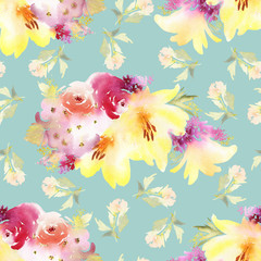 Roses and lilies seamless pattern.