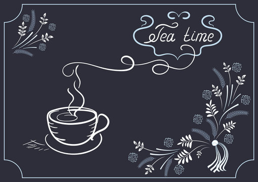 Design elements signboard for cafe with ornament, tea cup and he